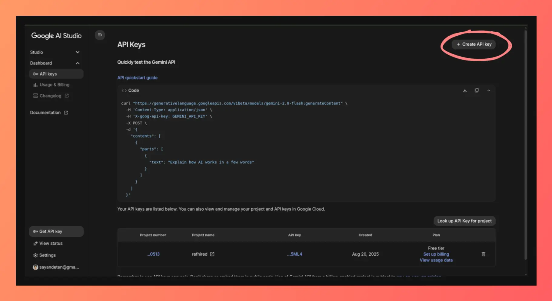 Google AI Studio API key generation